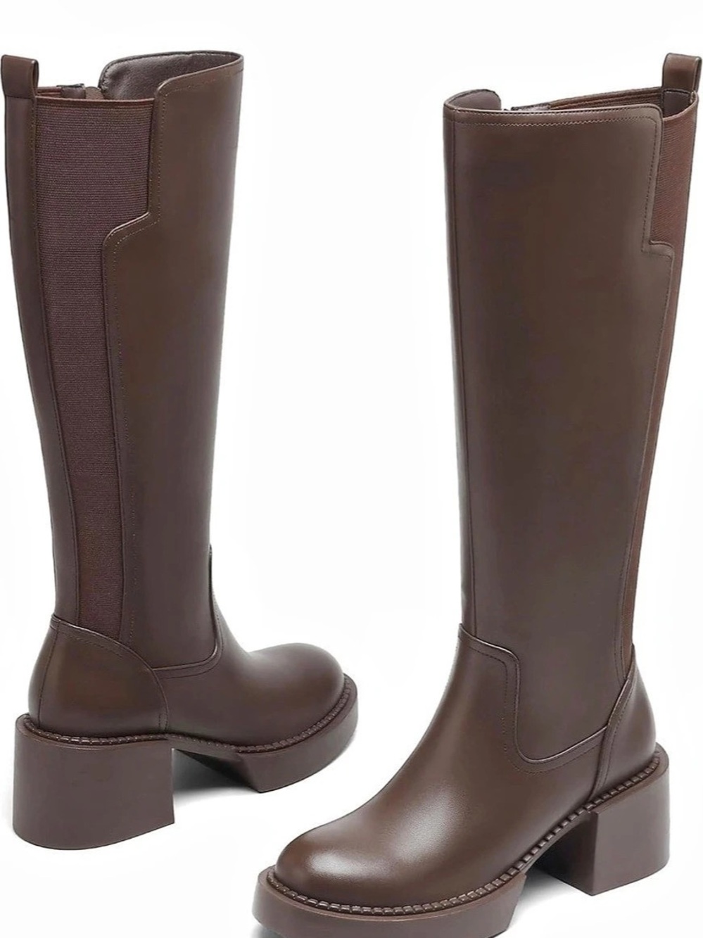 Round Toe Chunky Block Knee High Boots Knee-High Block Heel Boots in Brown US